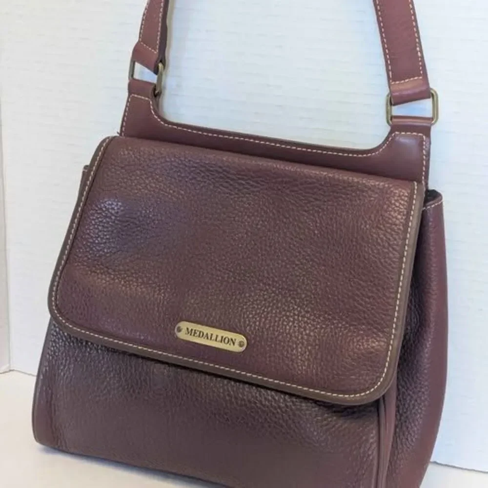 Maroon Medallion Thick Cut Leather Crossbody Bag Purse 10x9x3